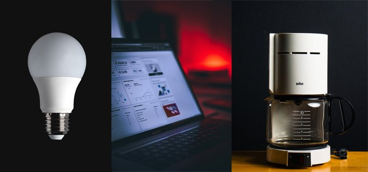 A collage of critical load items, including LED light bulbs, a laptop, and a coffee maker